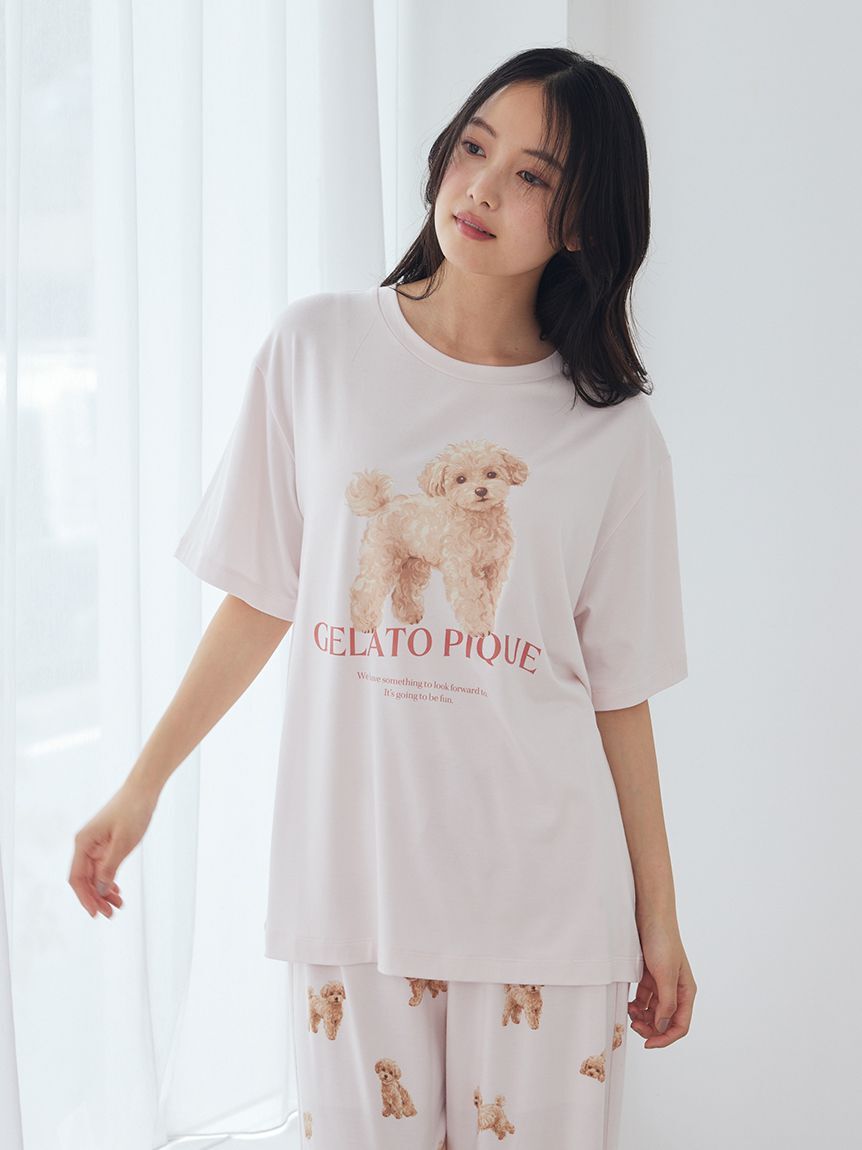 gelato pique「【ONLINE限定】【接触冷感】【UVカット】お散歩ドッグワンポイントTシャツ&ショートパンツセット」|ルームウェア|