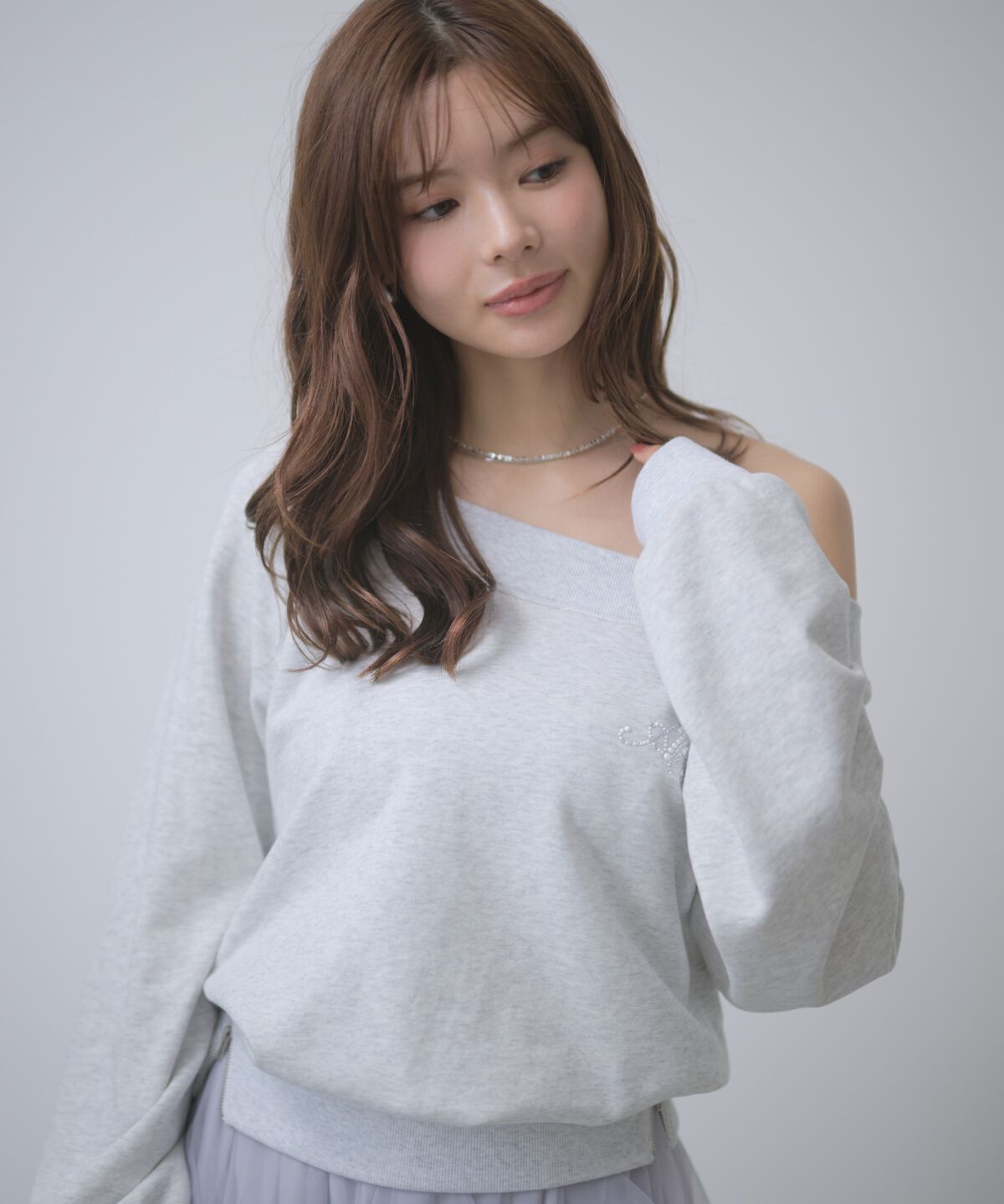 アンドクチュール「サイドジップオフショルスウェットプルオーバー」|Tシャツ・カットソー|ライトグレー
