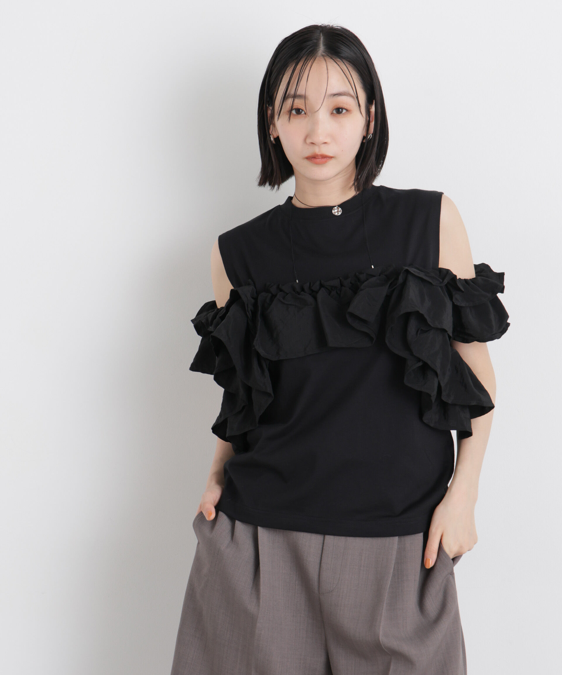 NANO universe「3wayデザインフリルコンビカットトップス」|Tシャツ・カットソー|ブラック