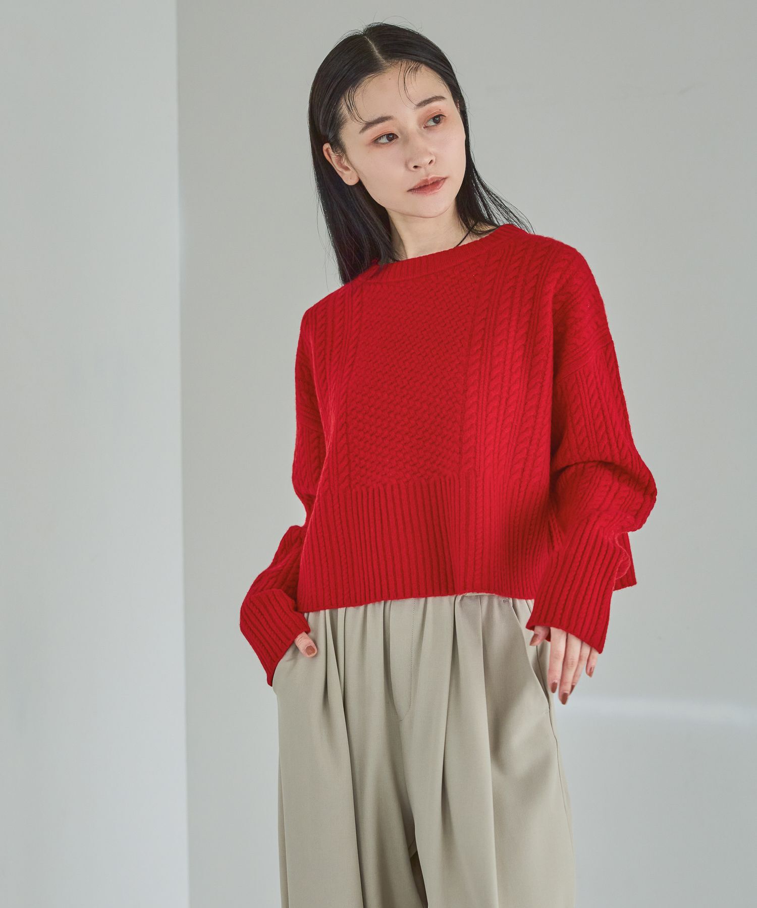 A part by 「【OUTLET】ケーブルニットプルオーバー」|ニット・セーター|レッド