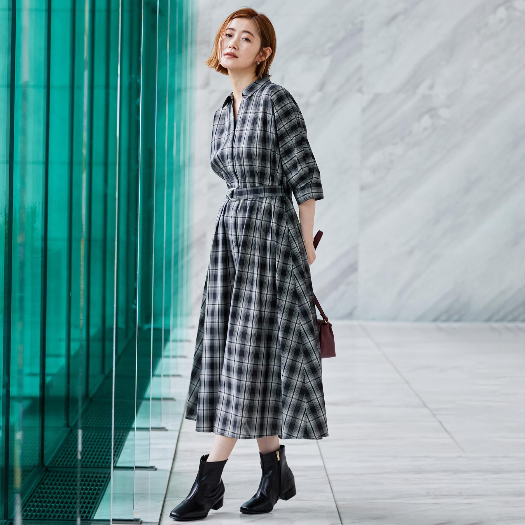 grove「チェック柄ベルト付シャツワンピース」|ワンピース|