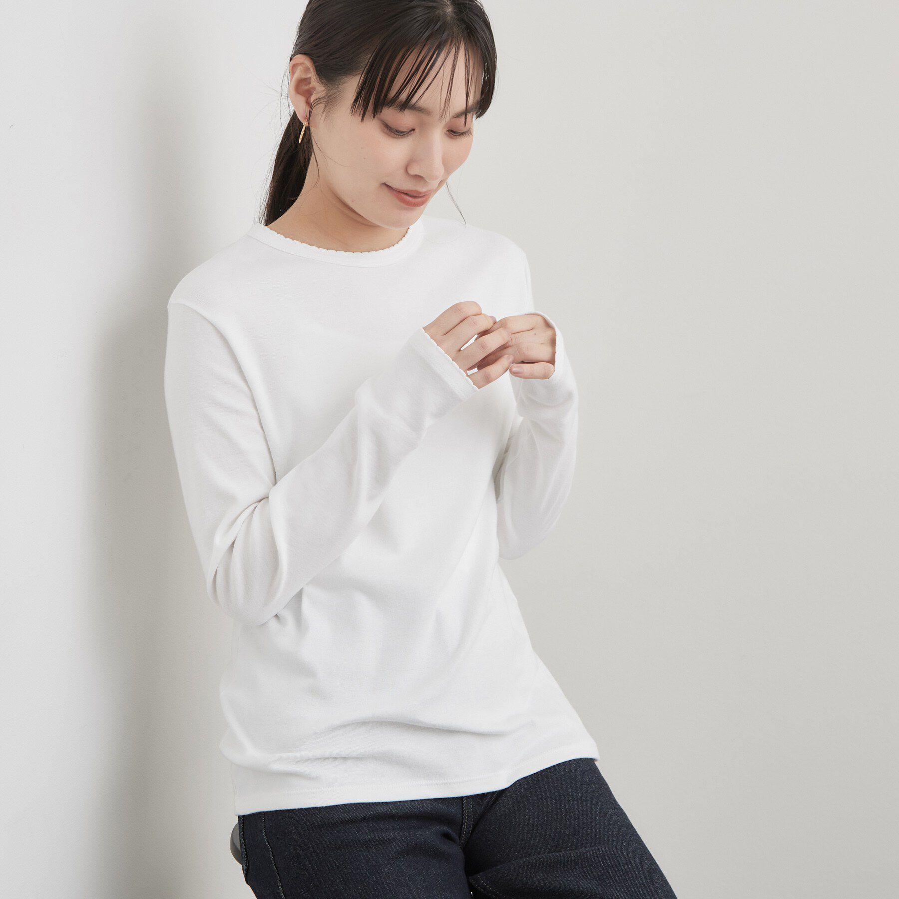OPAQUE.CLIP「【PETIT BATEAU／プチバトー】ポワンココットクルーネック長袖Tシャツ」|Tシャツ・カットソー|ホワイト(001)