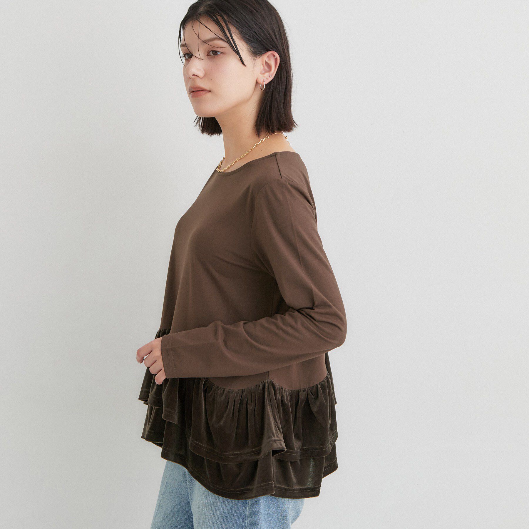 THE SHOP TK「フリルベロアペプラムトップス」|Tシャツ・カットソー|