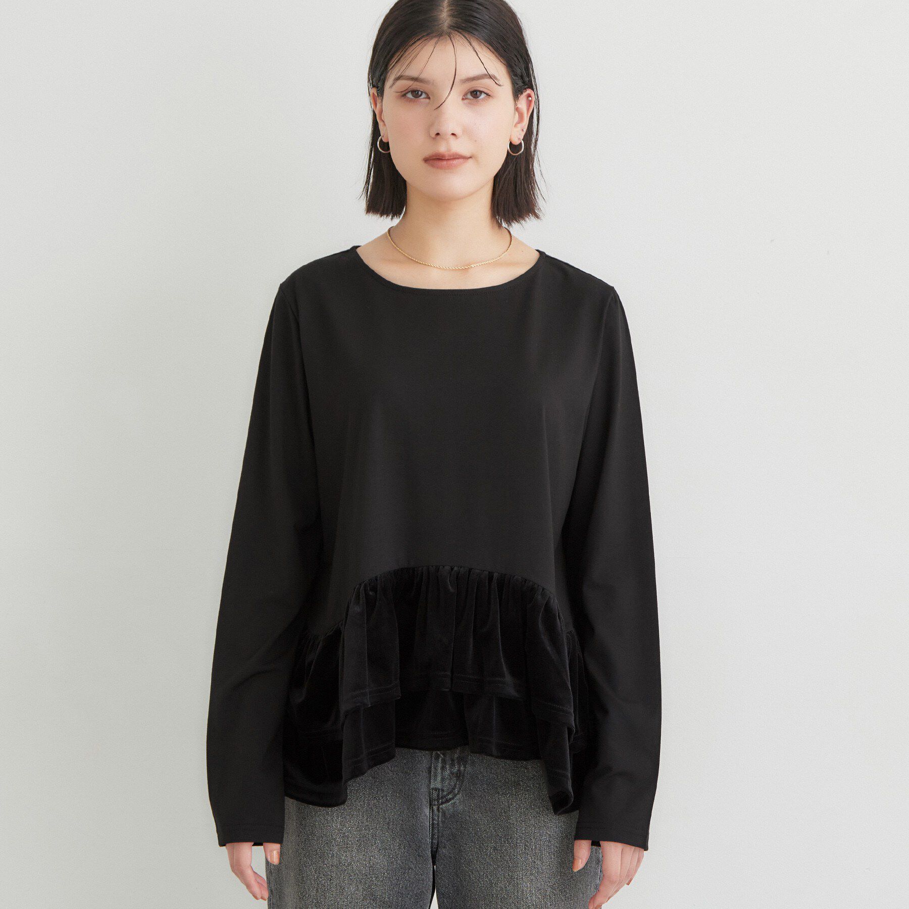 THE SHOP TK「フリルベロアペプラムトップス」|Tシャツ・カットソー|