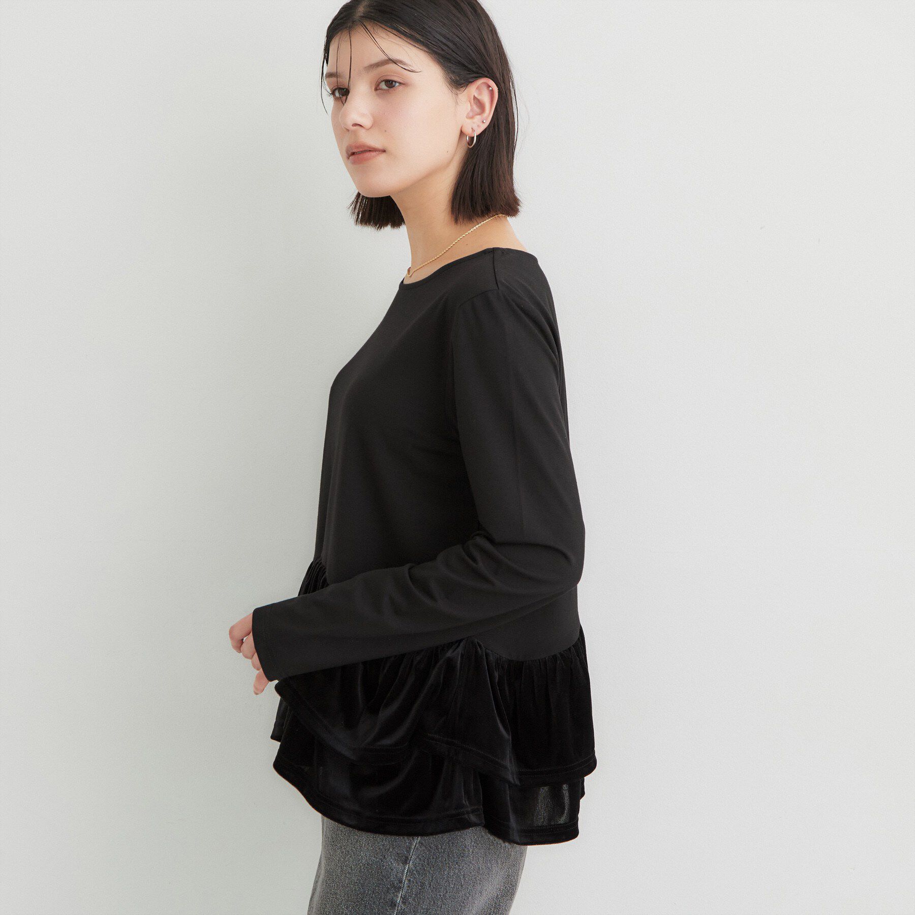THE SHOP TK「フリルベロアペプラムトップス」|Tシャツ・カットソー|