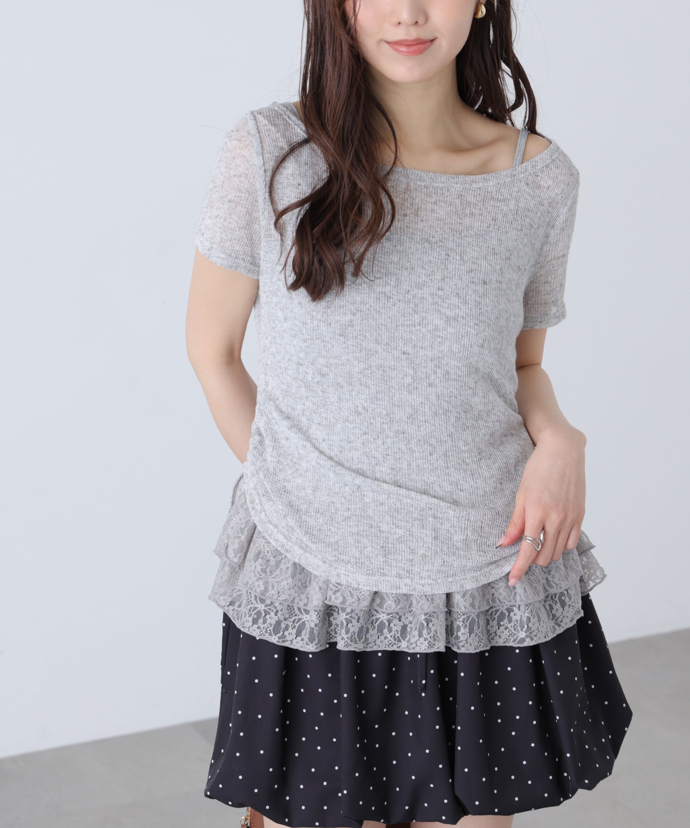  「メランジドロスト半袖レースティアードキャミセット」|Tシャツ・カットソー|