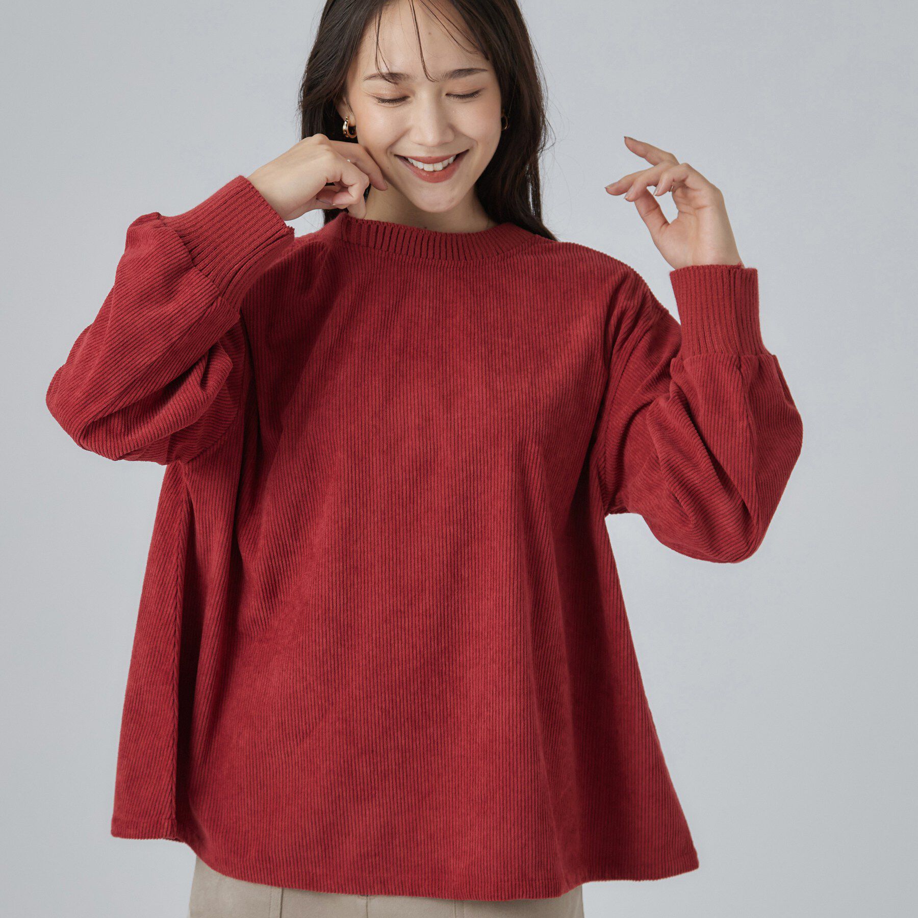SHOO･LA･RUE「コーデの幅が広がる！コーデュロイ2WAYプルオーバー」|Tシャツ・カットソー|レッド(061)