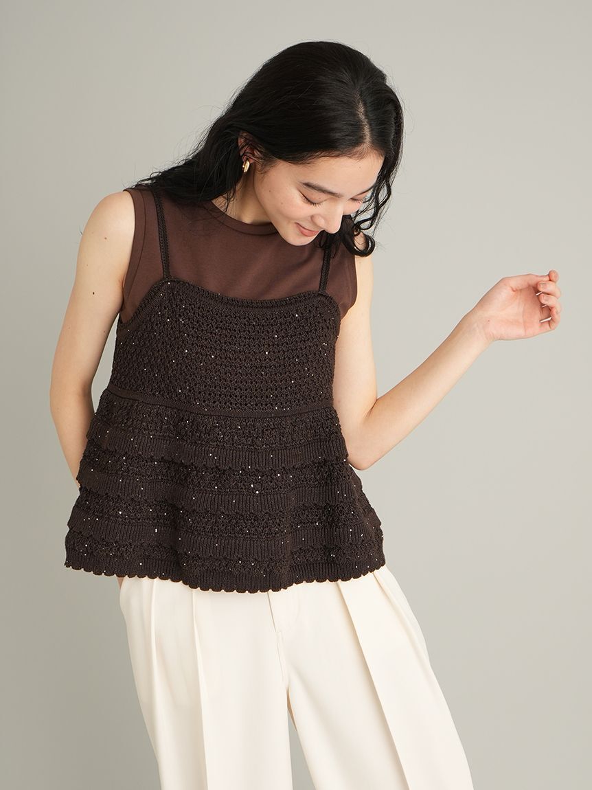 ウォッシャブル】クロシェニットキャミ×ノースリトップス（Mila Owen