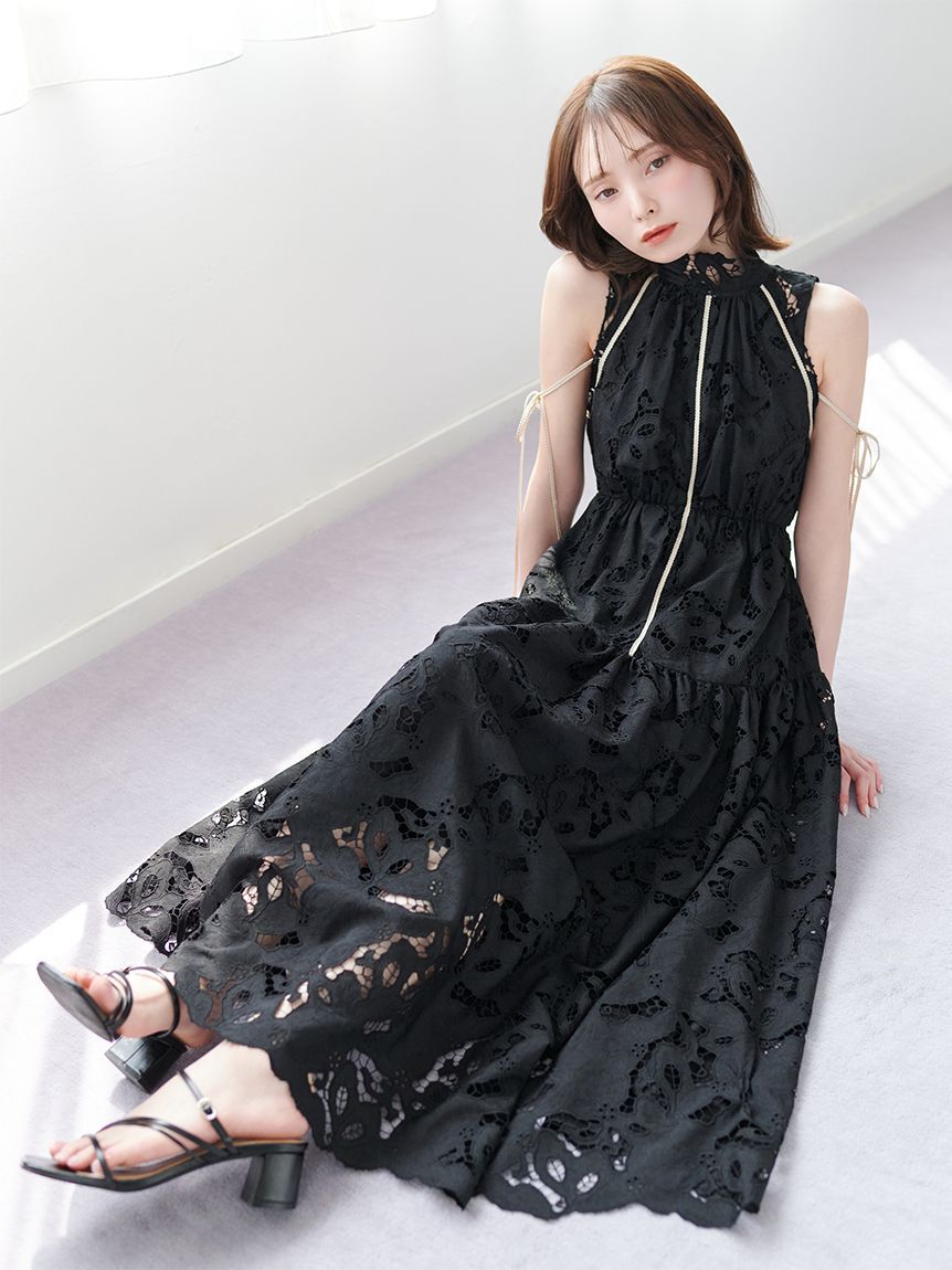 SNIDEL「レースギャザーワンピース」|ワンピース|BLK