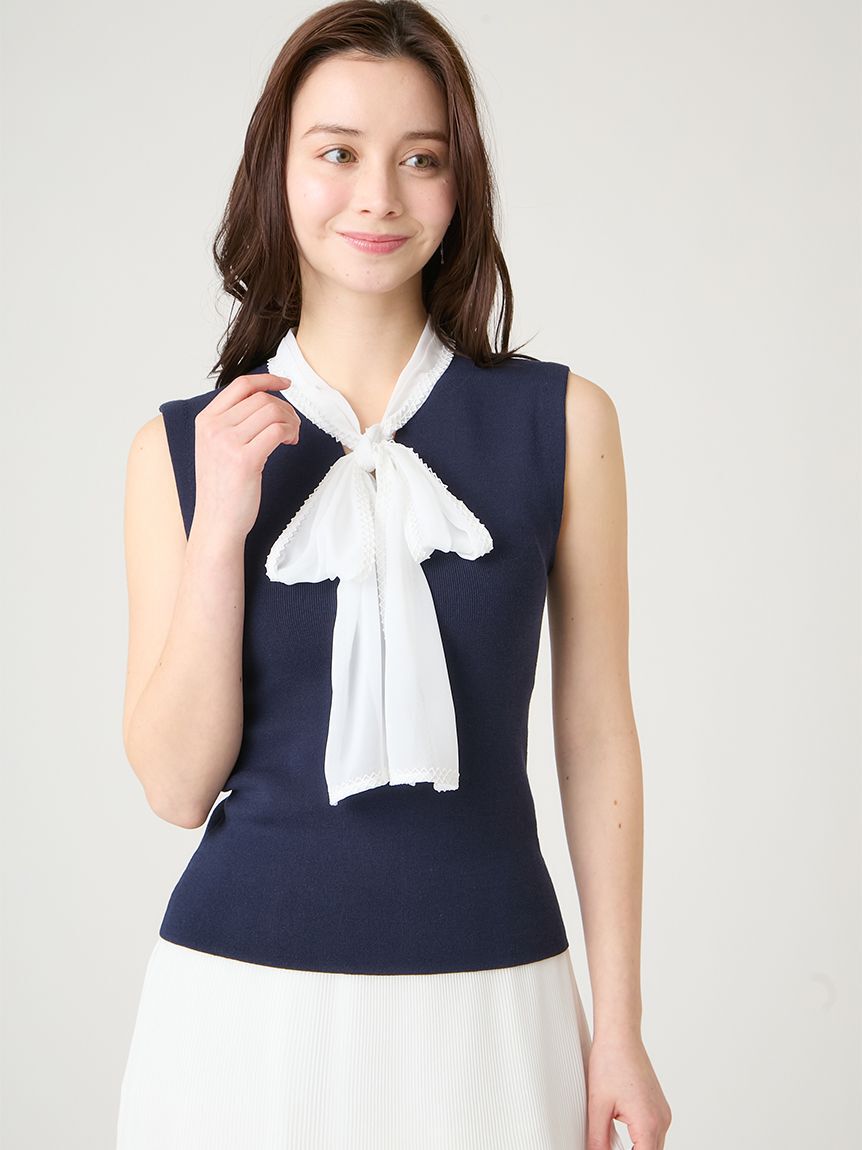 CELFORD「【洗える】【UVカット】シフォンボウタイニットプルオーバー」|ニット・セーター|NVY