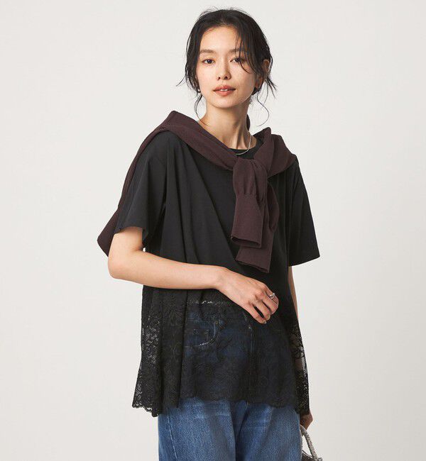 UNITED ARROWS green label relaxing「【WEB限定】＜at ease＞イレヘム レース ドッキング ショートスリーブ カットソー」|Tシャツ・カットソー|