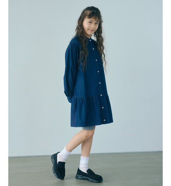 UNITED ARROWS green label relaxing「デニム スタンドカラー フリル ワンピース / キッズ 100cm-160cm」|ワンピース|NAVY