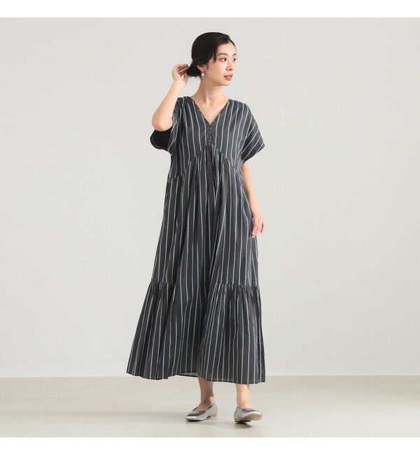 BEAMS SELECTION for WOMEN「【別注】ne Quittez pas / ボイル ストライプ フレンチスリーブ ワンピース」|ワンピース|