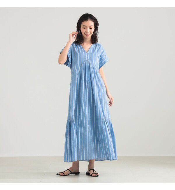 BEAMS SELECTION for WOMEN「【別注】ne Quittez pas / ボイル ストライプ フレンチスリーブ ワンピース」|ワンピース|BLUE
