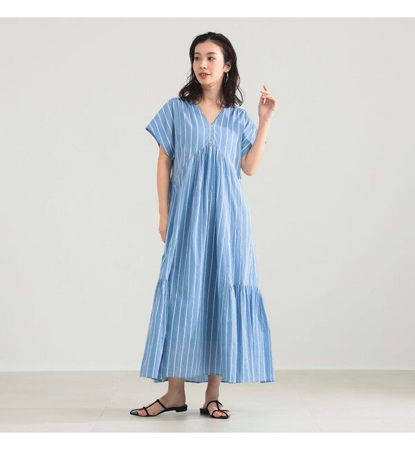 BEAMS SELECTION for WOMEN「【別注】ne Quittez pas / ボイル ストライプ フレンチスリーブ ワンピース」|ワンピース|