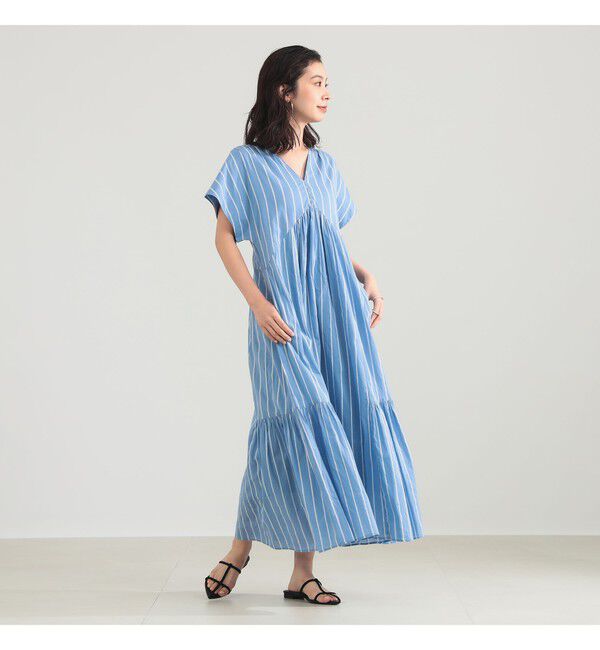BEAMS SELECTION for WOMEN「【別注】ne Quittez pas / ボイル ストライプ フレンチスリーブ ワンピース」|ワンピース|