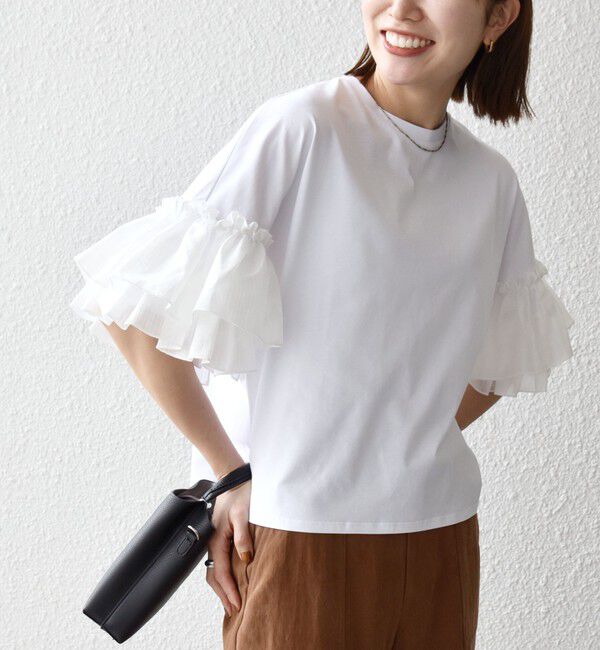 SHIPS any「SHIPS any:〈洗濯機可能〉フリル スリーブ クルーネック コンパクト TEE」|Tシャツ・カットソー|ホワイト