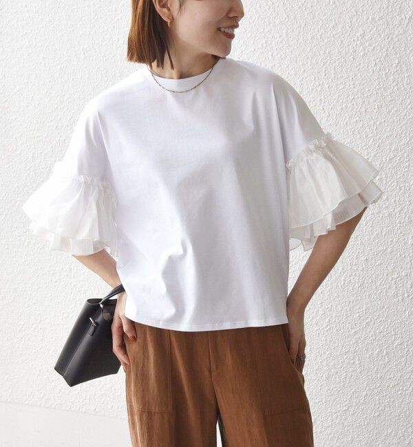 SHIPS any「SHIPS any:〈洗濯機可能〉フリル スリーブ クルーネック コンパクト TEE」|Tシャツ・カットソー|