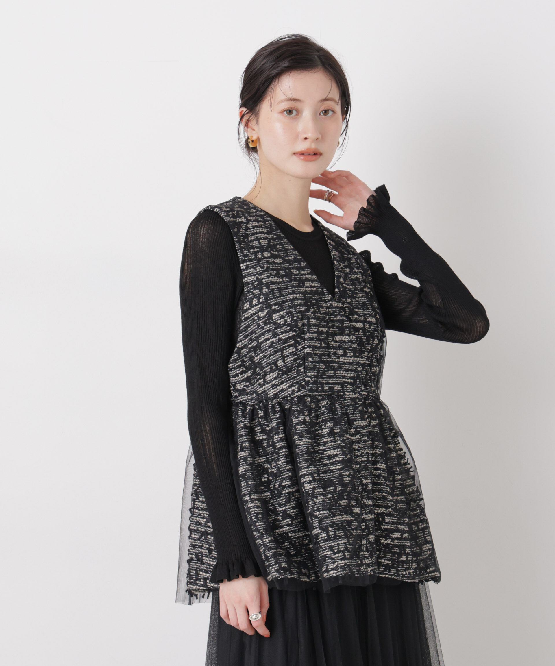nano･universe「troisieme chaco/ＴWEED&times;TULLE ジレ」|テーラードジャケット|ブラック