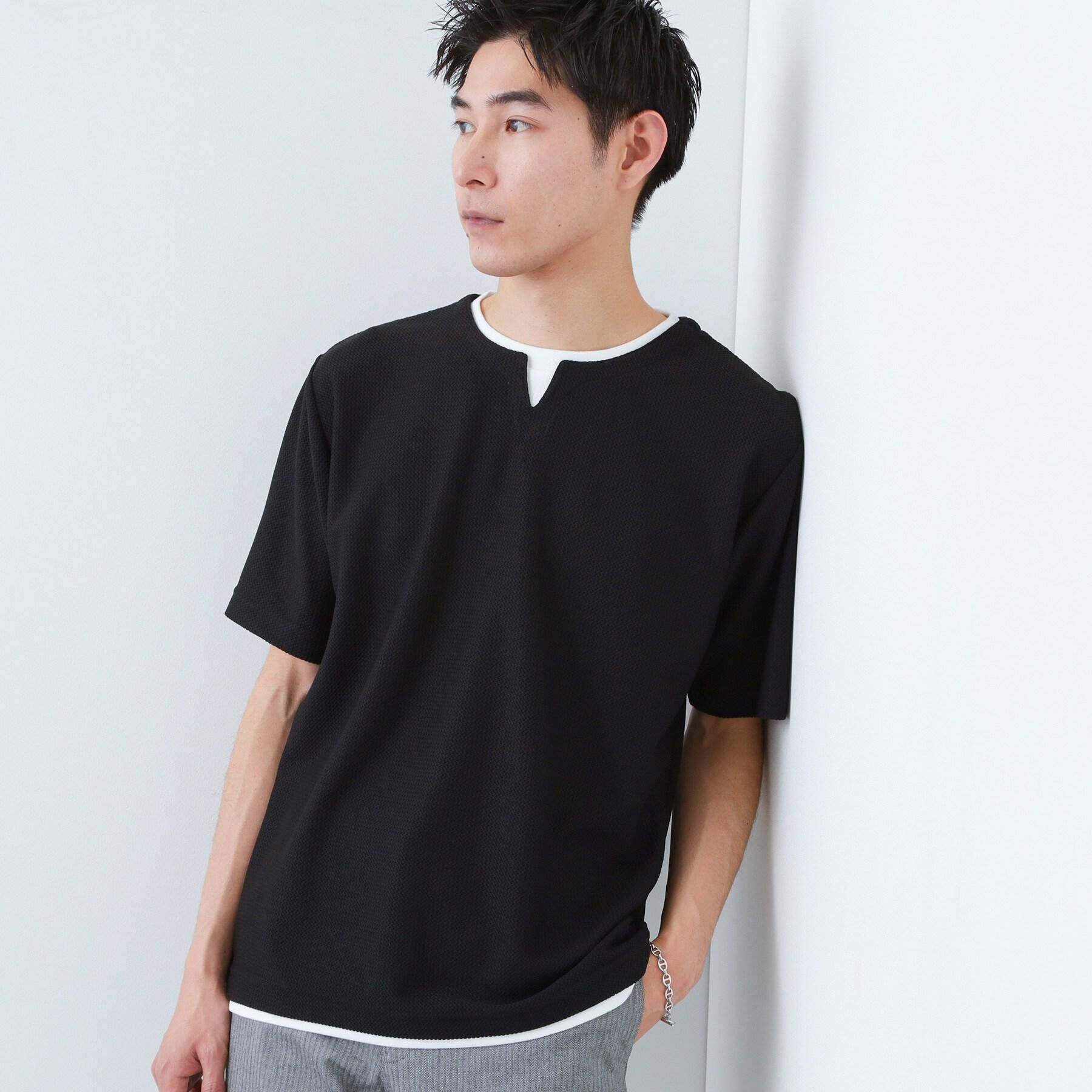 THE SHOP TK「【一枚でコーディネートが完成！】レイヤード風 キーネック 半袖Tシャツ 洗濯機OK」|Tシャツ・カットソー|