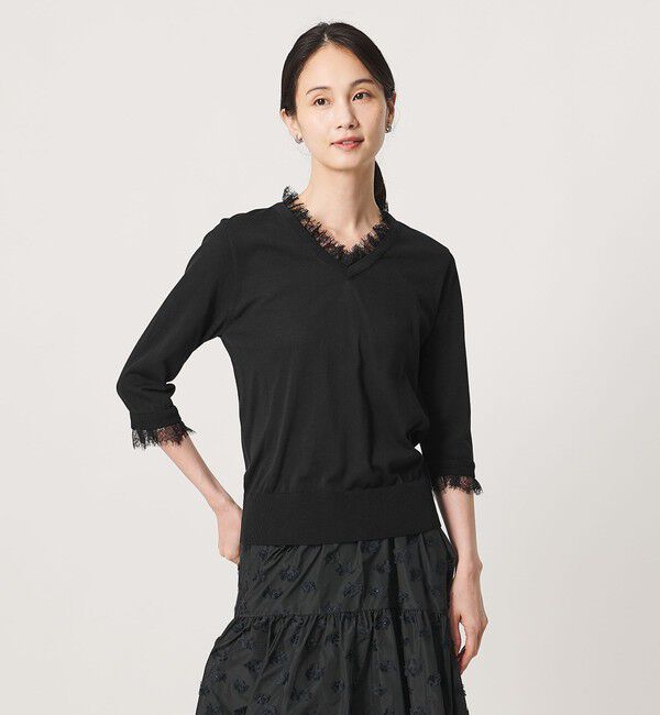 UNITED ARROWS「レースコンビ Vネックニット ‐ウォッシャブル‐」|ニット・セーター|