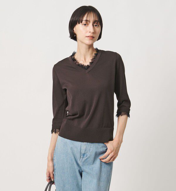 UNITED ARROWS「レースコンビ Vネックニット ‐ウォッシャブル‐」|ニット・セーター|