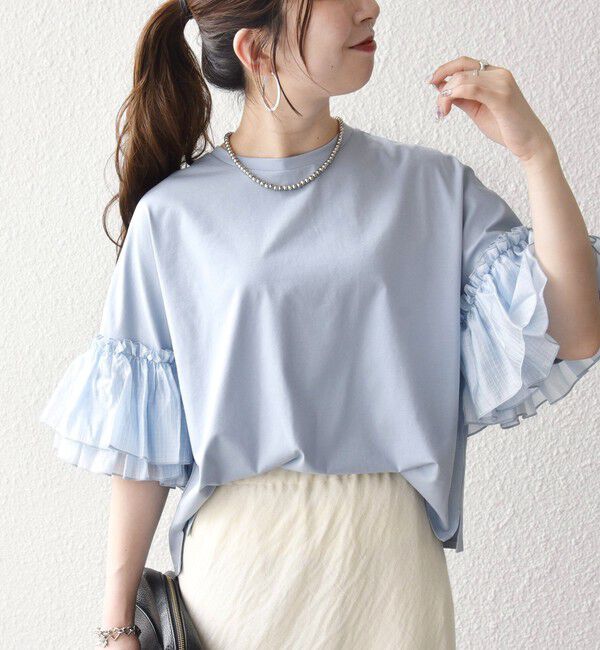 SHIPS any「SHIPS any:〈洗濯機可能〉フリル スリーブ クルーネック コンパクト TEE」|Tシャツ・カットソー|ライトブルー
