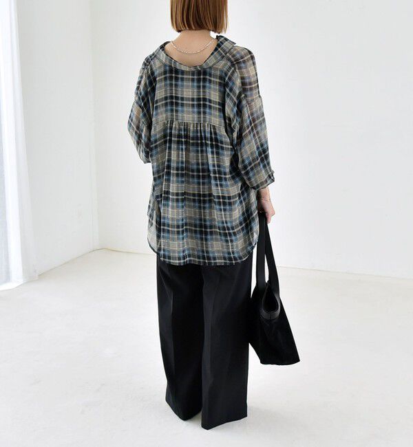 quaranciel「quaranciel:〈洗濯機可能〉シアー チェック ギャザー プルオーバー シャツ」|シャツ・ブラウス|