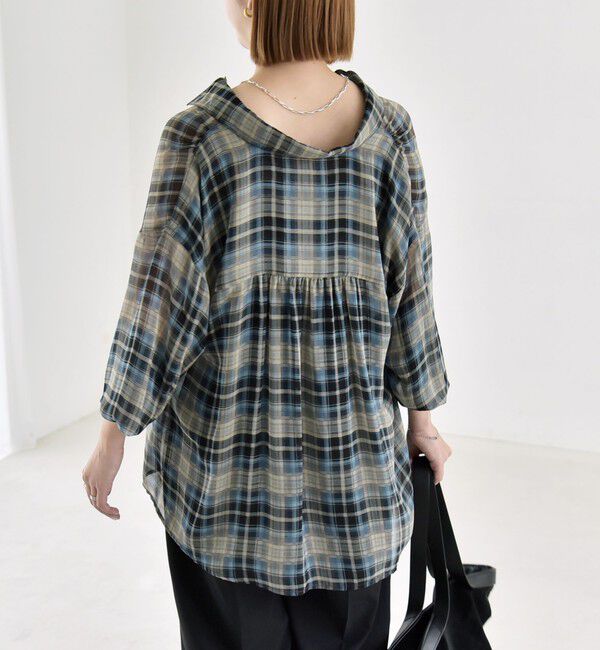 quaranciel「quaranciel:〈洗濯機可能〉シアー チェック ギャザー プルオーバー シャツ」|シャツ・ブラウス|