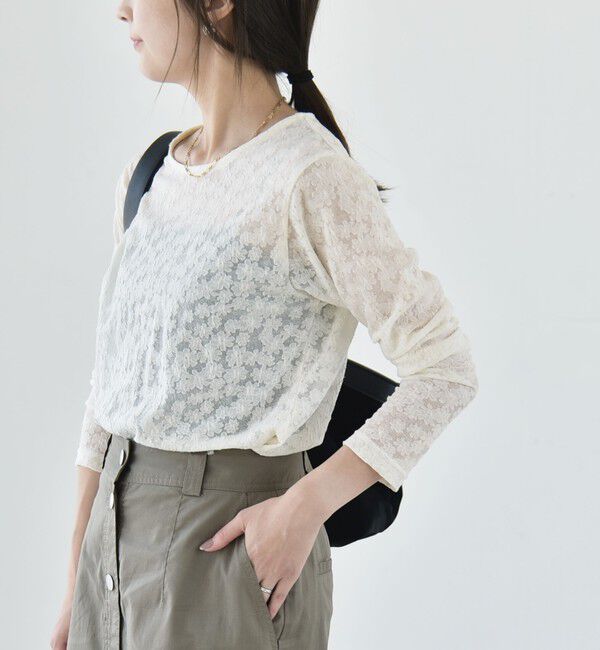 quaranciel「quaranciel:〈洗濯機可能〉シアー フラワー ジャカード コンパクト プルオーバー」|Tシャツ・カットソー|