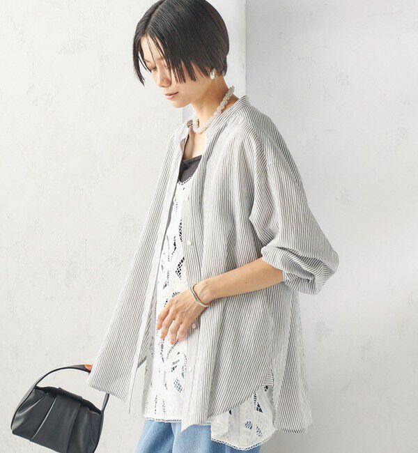 SHIPS for women「〈手洗い可能〉シアー ストライプ バンドカラー シャツ」|シャツ・ブラウス|
