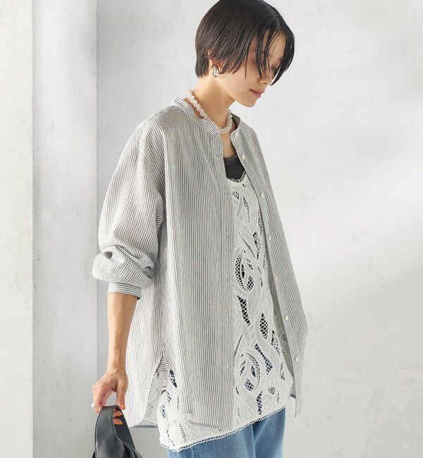 SHIPS for women「〈手洗い可能〉シアー ストライプ バンドカラー シャツ」|シャツ・ブラウス|