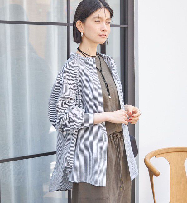 SHIPS for women「〈手洗い可能〉シアー ストライプ バンドカラー シャツ」|シャツ・ブラウス|