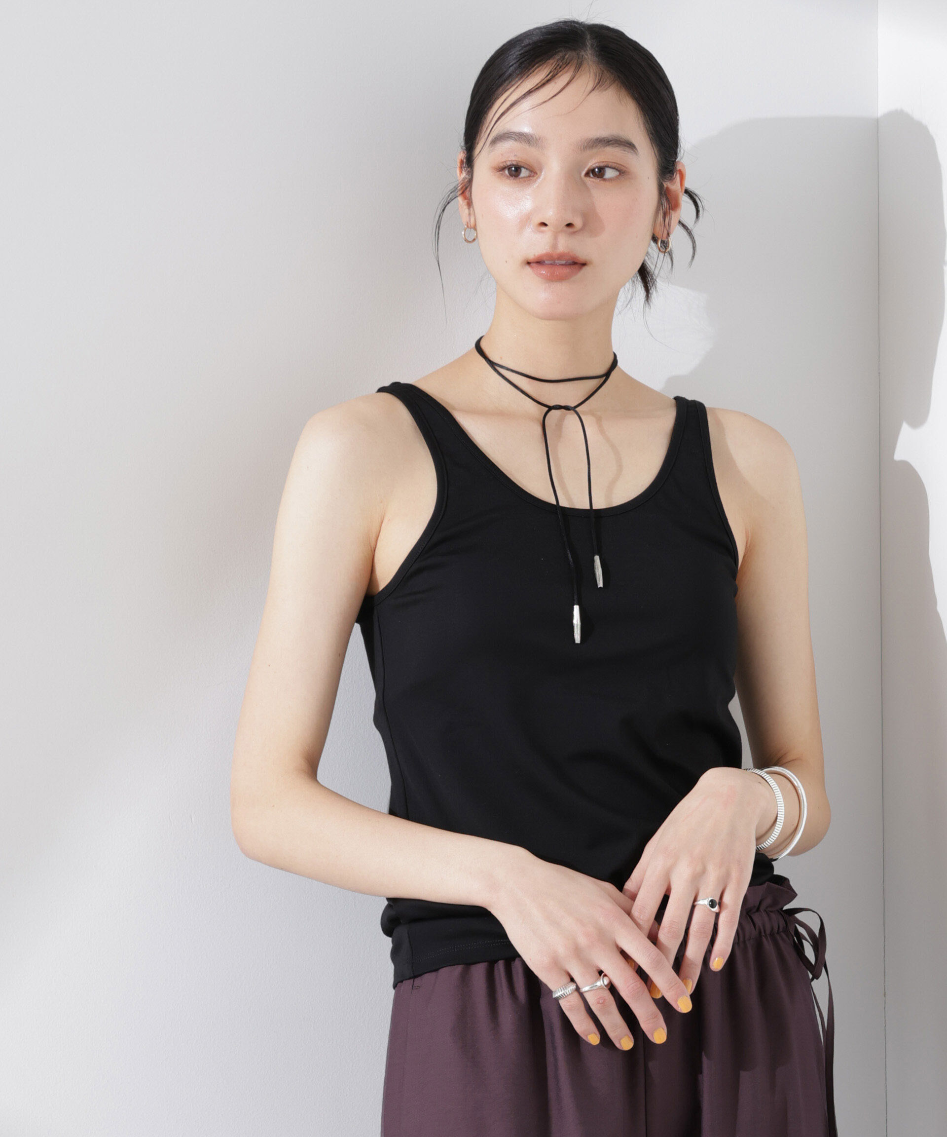 NANO universe「ストレッチポンチカップ付きバックオープンタンクトップ」|Tシャツ・カットソー|ブラック
