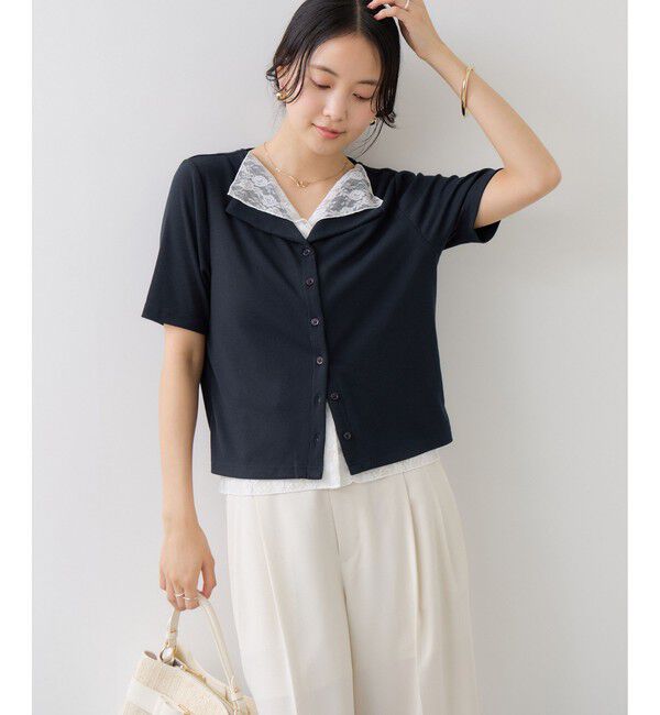VIS「ドット＆無地 レースドッキングレイヤード風リブカットソー」|Tシャツ・カットソー|