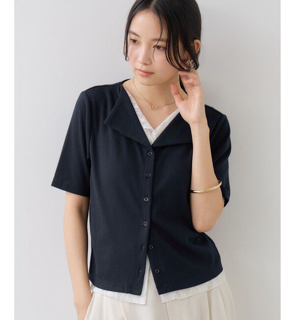 VIS「ドット＆無地 レースドッキングレイヤード風リブカットソー」|Tシャツ・カットソー|
