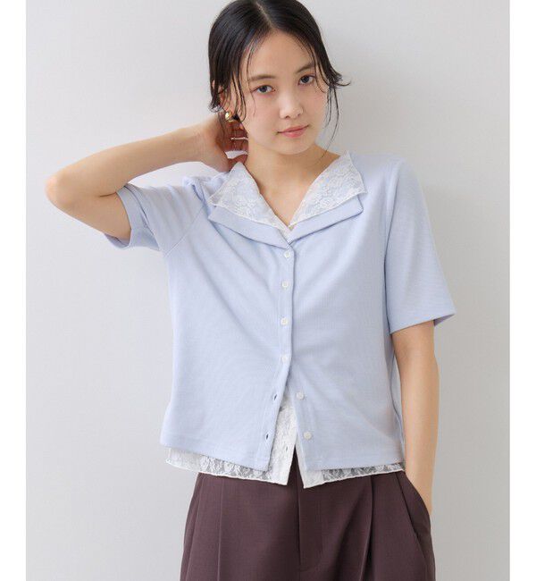 VIS「ドット＆無地 レースドッキングレイヤード風リブカットソー」|Tシャツ・カットソー|