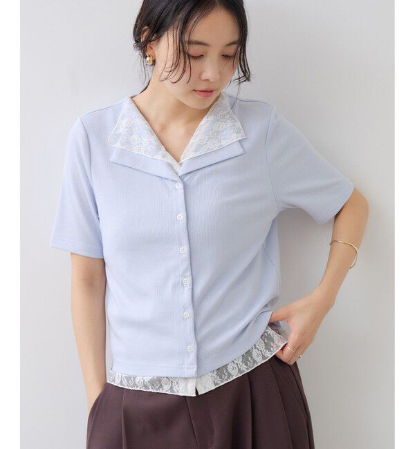 VIS「ドット＆無地 レースドッキングレイヤード風リブカットソー」|Tシャツ・カットソー|