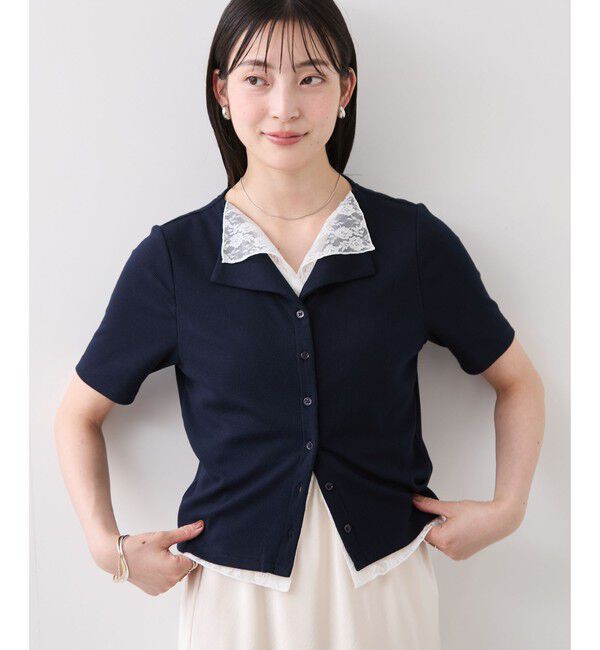VIS「ドット＆無地 レースドッキングレイヤード風リブカットソー」|Tシャツ・カットソー|