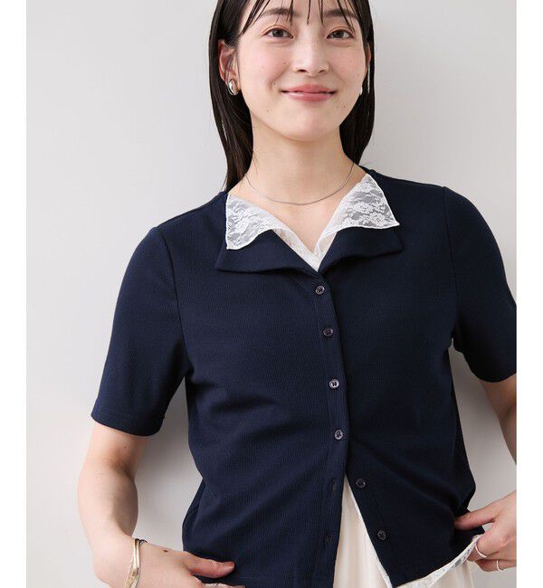 VIS「ドット＆無地 レースドッキングレイヤード風リブカットソー」|Tシャツ・カットソー|