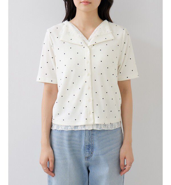 VIS「ドット＆無地 レースドッキングレイヤード風リブカットソー」|Tシャツ・カットソー|