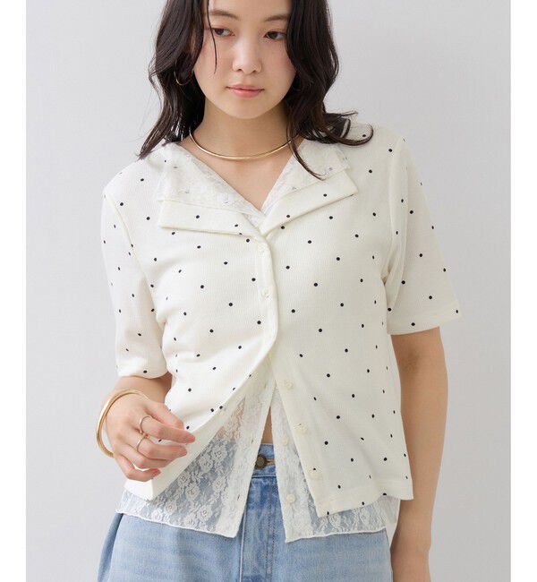VIS「ドット＆無地 レースドッキングレイヤード風リブカットソー」|Tシャツ・カットソー|