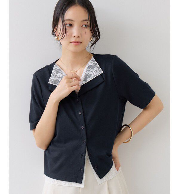 VIS「ドット＆無地 レースドッキングレイヤード風リブカットソー」|Tシャツ・カットソー|