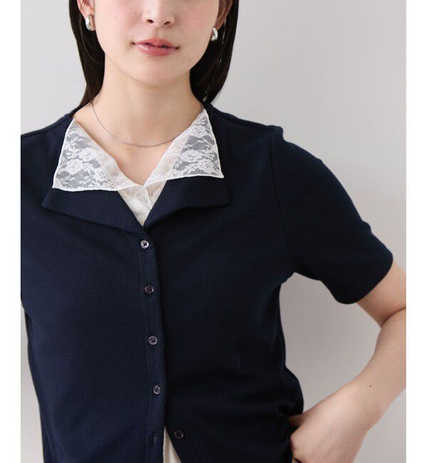 VIS「ドット＆無地 レースドッキングレイヤード風リブカットソー」|Tシャツ・カットソー|ネイビー(40)