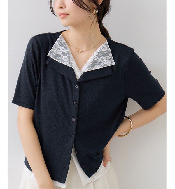 VIS「ドット＆無地 レースドッキングレイヤード風リブカットソー」|Tシャツ・カットソー|