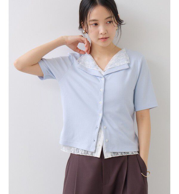 VIS「ドット＆無地 レースドッキングレイヤード風リブカットソー」|Tシャツ・カットソー|サックス(48)