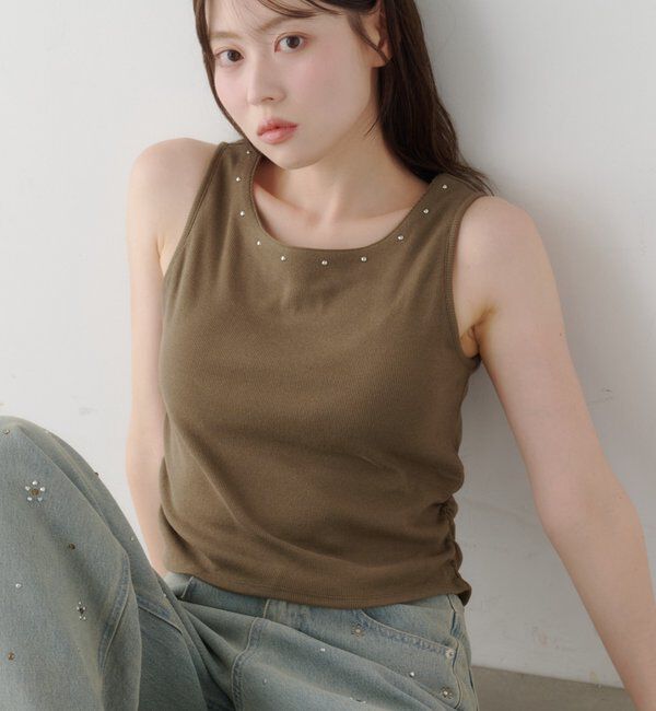  「カップ付きスタッズタンク」|Tシャツ・カットソー|オリーブ