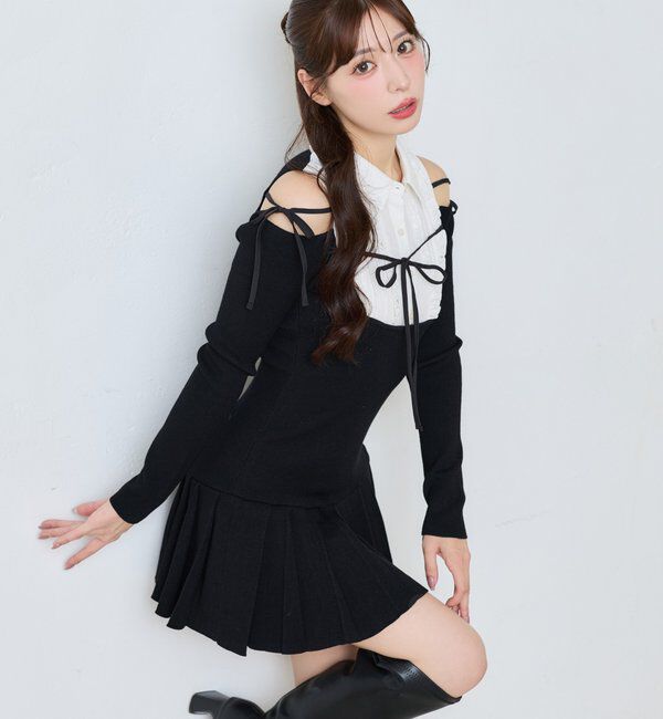  「【SMサイズ展開】肩あきフリルシャツドッキングワンピース」|ワンピース|ブラック