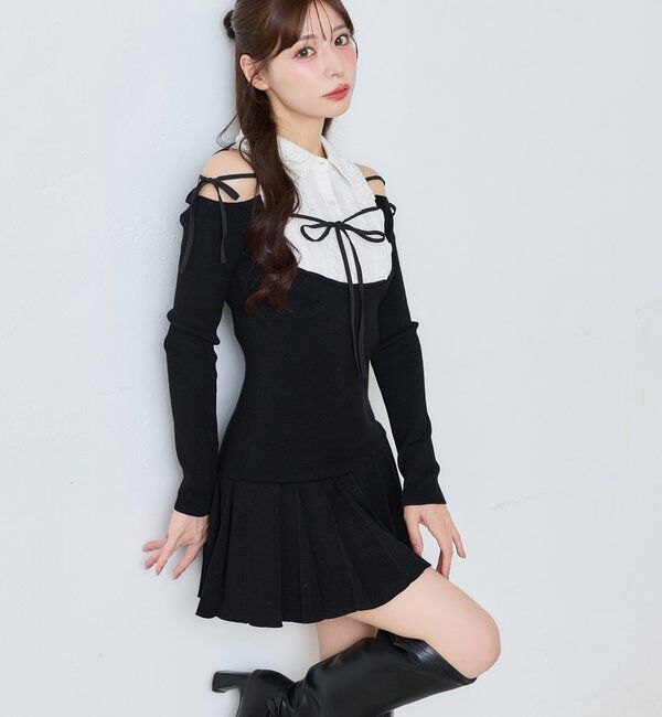  「【SMサイズ展開】肩あきフリルシャツドッキングワンピース」|ワンピース|