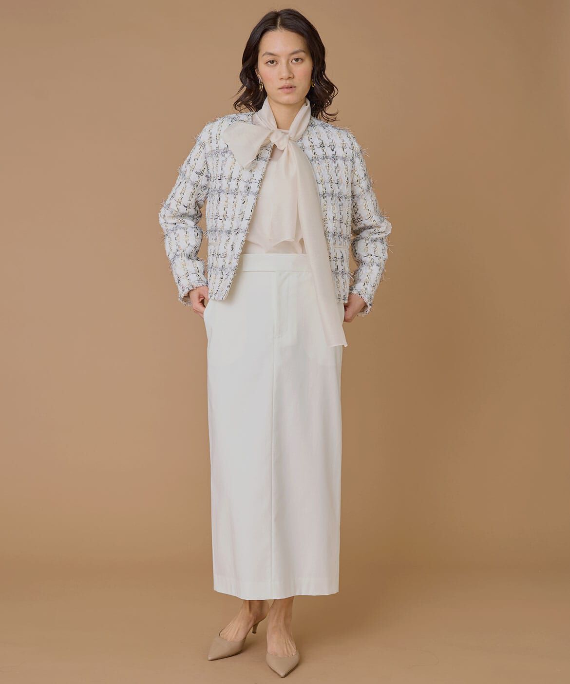 INED「《大きいサイズ》ノーカラーツイードジャケット《LINTON》」|ノーカラージャケット|